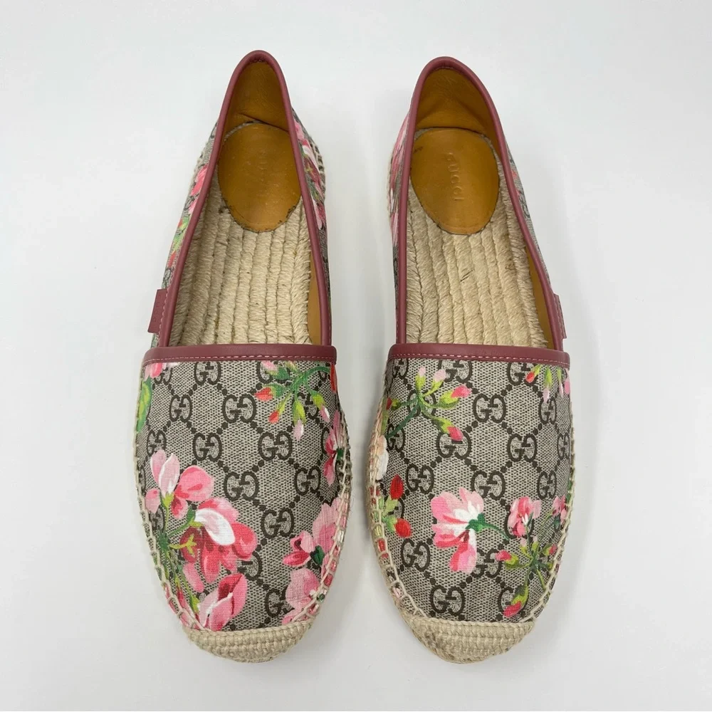 Gucci GG Double G Monogram Pink Bloom Floral Flat Espadrilles Shoes Tan 41 11
